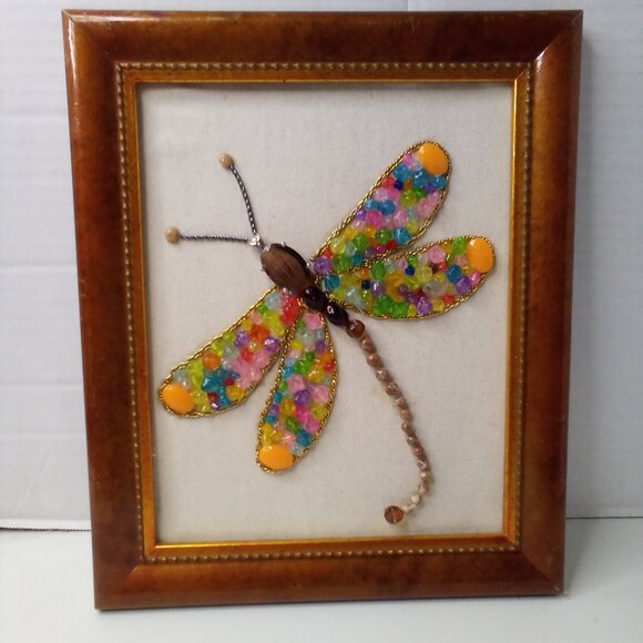 Handmade Dragonfly Beaded Artwork Stones Mixed Media Canvas Framed Decor 12 x 10 - Picture 3 of 15